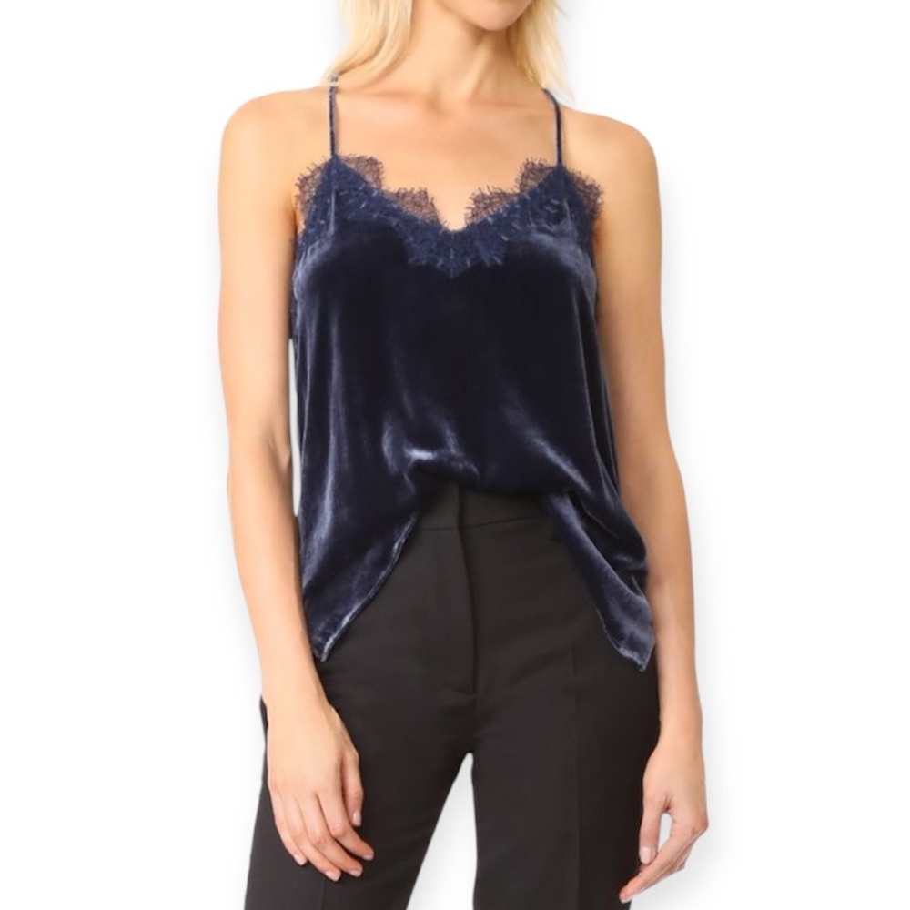 Cami NYC Navy Lace Trim Velvet Top